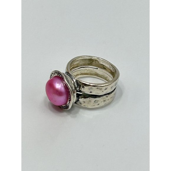 Didae Israel Sterling Silver Dyed Pink Pearl Ring Size 5 925 Hammered Design - Picture 7 of 9